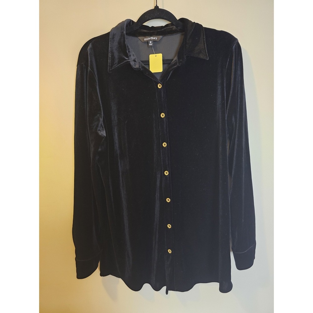 Ellen Tracy Black Velvet Button Down Shirt Women's M Long Sleeve Gold Buttons - Picture 2 of 5